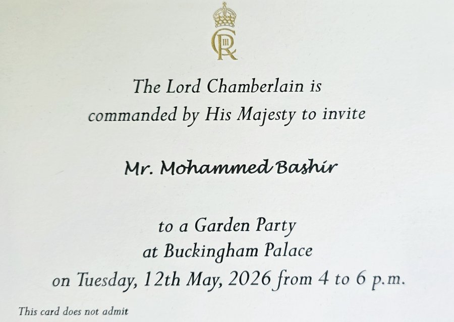 2026 Buckingham Palace Garden Party invitation for Mr. Mohammed Bashir