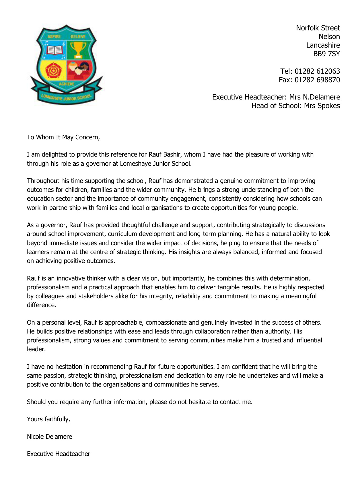 Cover of reference letter from Nicole Delamere