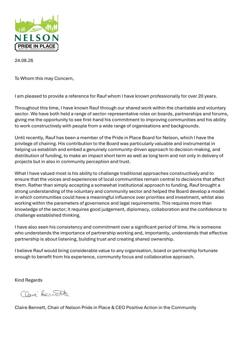 First page of Claire Bennett's reference letter