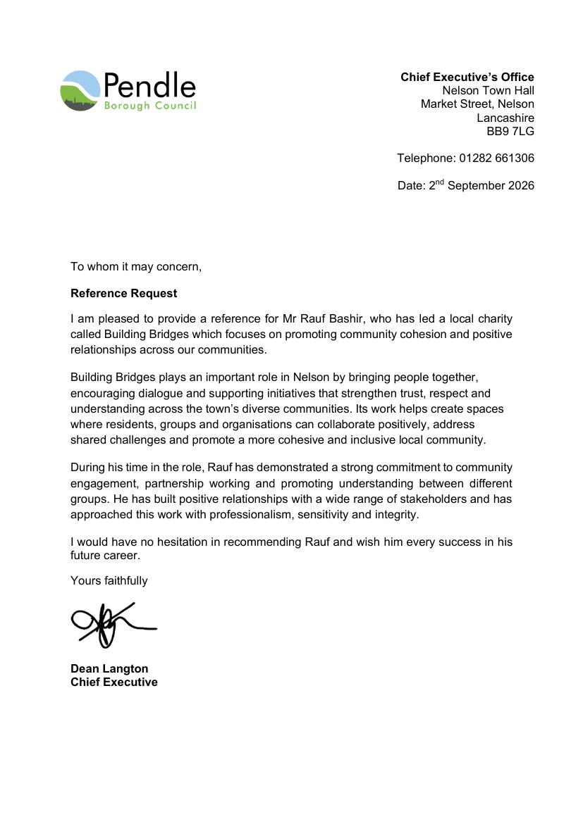 First page of Dean Langton's reference letter