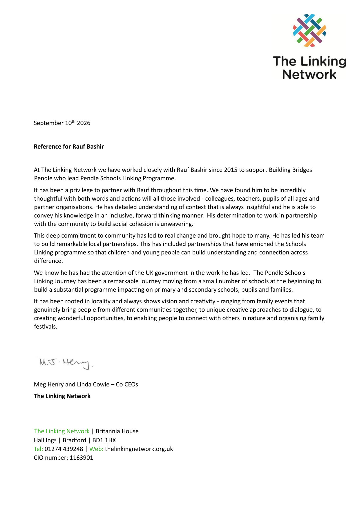 First page of Meg Henry and Linda Cowie's reference letter