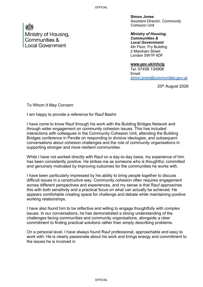 First page of Simon Jones's reference letter