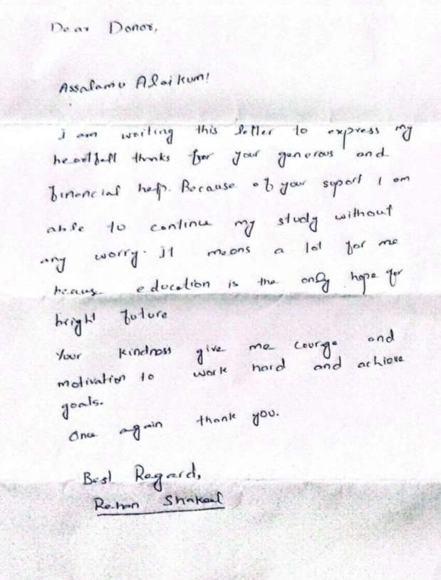 Handwritten thank-you letter from Rehan Shakeel