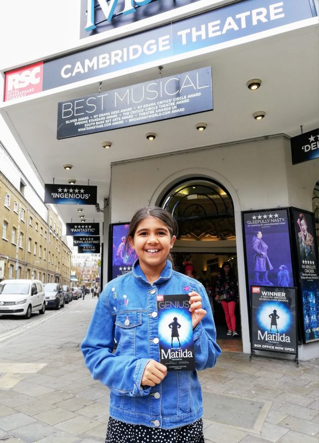 Outside the Cambridge Theatre, London, for Matilda the Musical